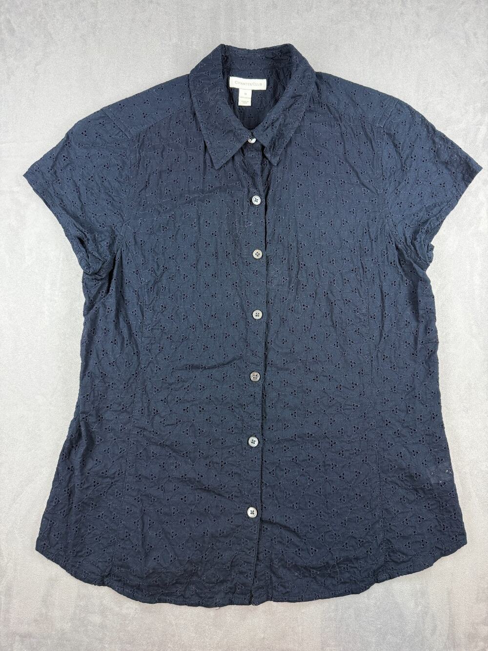 Charter Club Women's Navy Eyelet Darted Short Sleeve Button Down Blouse Sz 10